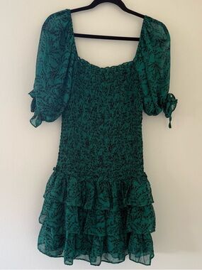 Olivaceous Green Floral Smocked Mini Dress Puff Sleeve Cottagecore Size L